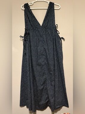 J. Crew Navy Polka Dot Midi Dress with V-Neck and Adjustable Sleeve Ties